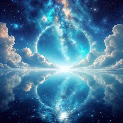 The primary subject of the image is a beautiful, colorful, and surreal scene of a blue planet with a ring around it. The setting is a night sky filled with stars, creating a breathtaking backdrop for the planet. The visual style of the image is a combination of photo and digital art, giving it a unique and captivating appearance. The colors and mood of the image are predominantly blue and serene, evoking a sense of wonder and awe.